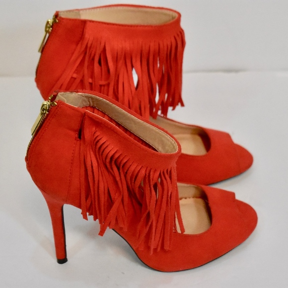Women's Qupid Orange Red Fringe Ankle Strap Heels 8 - Picture 3 of 5